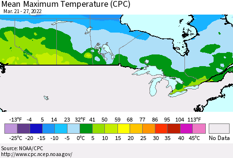 Canada Mean Maximum Temperature (CPC) Thematic Map For 3/21/2022 - 3/27/2022