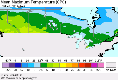 Canada Mean Maximum Temperature (CPC) Thematic Map For 3/28/2022 - 4/3/2022