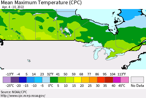 Canada Mean Maximum Temperature (CPC) Thematic Map For 4/4/2022 - 4/10/2022