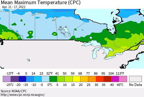 Canada Mean Maximum Temperature (CPC) Thematic Map For 4/11/2022 - 4/17/2022