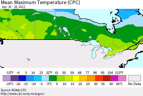 Canada Mean Maximum Temperature (CPC) Thematic Map For 4/18/2022 - 4/24/2022