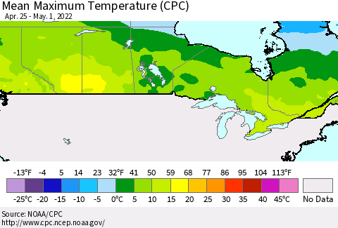 Canada Mean Maximum Temperature (CPC) Thematic Map For 4/25/2022 - 5/1/2022