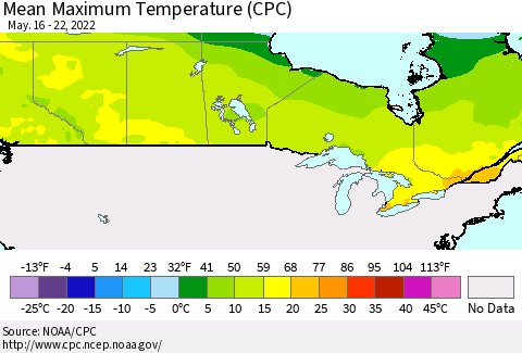 Canada Mean Maximum Temperature (CPC) Thematic Map For 5/16/2022 - 5/22/2022