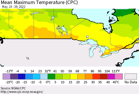 Canada Mean Maximum Temperature (CPC) Thematic Map For 5/23/2022 - 5/29/2022