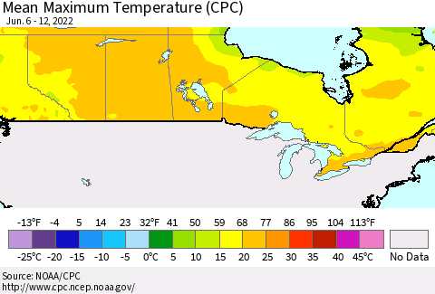 Canada Mean Maximum Temperature (CPC) Thematic Map For 6/6/2022 - 6/12/2022