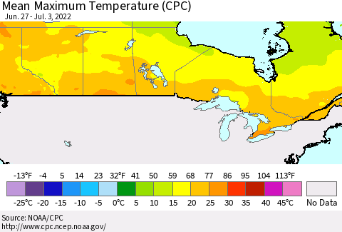 Canada Mean Maximum Temperature (CPC) Thematic Map For 6/27/2022 - 7/3/2022