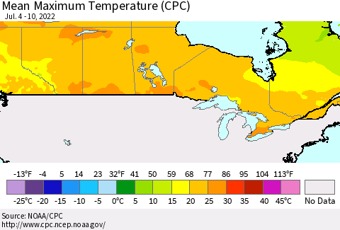 Canada Mean Maximum Temperature (CPC) Thematic Map For 7/4/2022 - 7/10/2022
