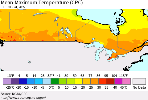 Canada Mean Maximum Temperature (CPC) Thematic Map For 7/18/2022 - 7/24/2022
