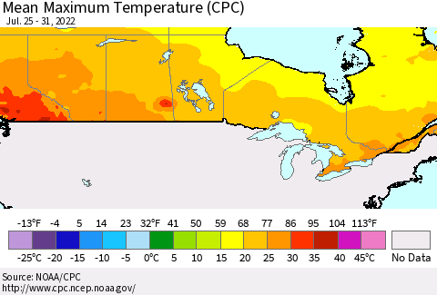 Canada Mean Maximum Temperature (CPC) Thematic Map For 7/25/2022 - 7/31/2022