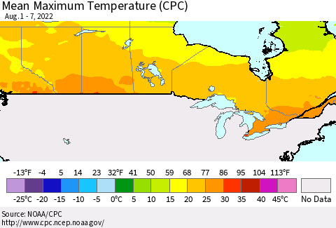 Canada Mean Maximum Temperature (CPC) Thematic Map For 8/1/2022 - 8/7/2022
