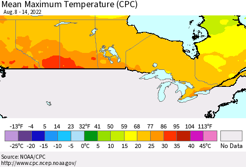 Canada Mean Maximum Temperature (CPC) Thematic Map For 8/8/2022 - 8/14/2022