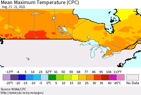 Canada Mean Maximum Temperature (CPC) Thematic Map For 8/15/2022 - 8/21/2022