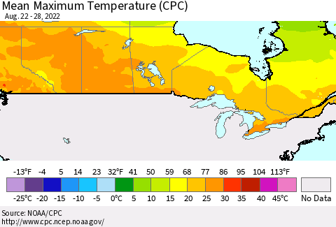 Canada Mean Maximum Temperature (CPC) Thematic Map For 8/22/2022 - 8/28/2022