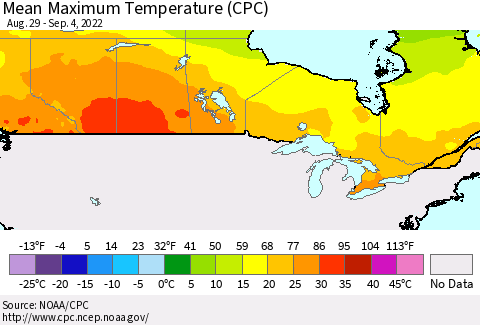 Canada Mean Maximum Temperature (CPC) Thematic Map For 8/29/2022 - 9/4/2022