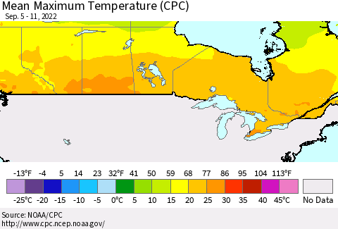 Canada Mean Maximum Temperature (CPC) Thematic Map For 9/5/2022 - 9/11/2022