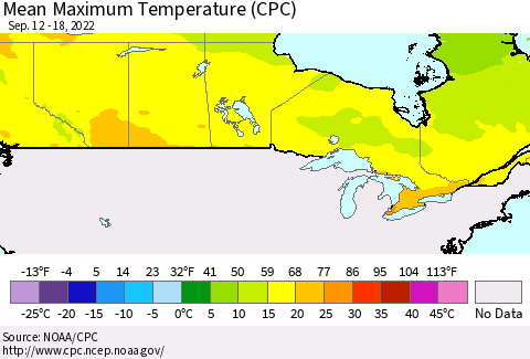 Canada Mean Maximum Temperature (CPC) Thematic Map For 9/12/2022 - 9/18/2022