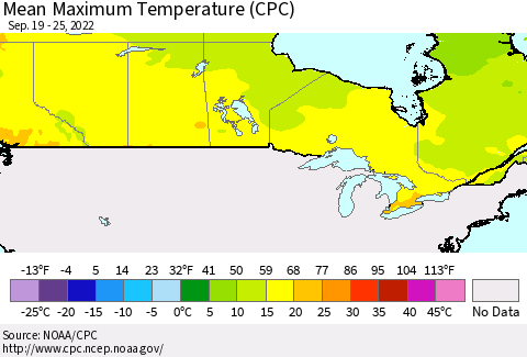 Canada Mean Maximum Temperature (CPC) Thematic Map For 9/19/2022 - 9/25/2022