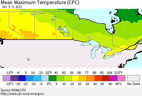 Canada Mean Maximum Temperature (CPC) Thematic Map For 10/3/2022 - 10/9/2022