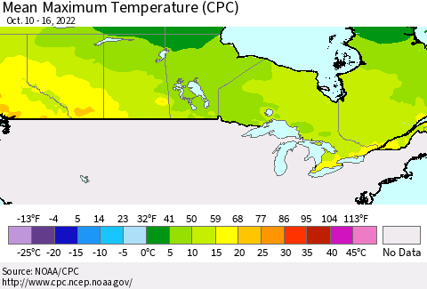 Canada Mean Maximum Temperature (CPC) Thematic Map For 10/10/2022 - 10/16/2022