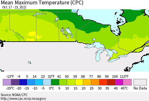 Canada Mean Maximum Temperature (CPC) Thematic Map For 10/17/2022 - 10/23/2022