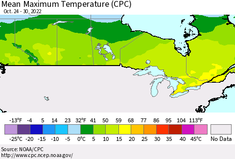 Canada Mean Maximum Temperature (CPC) Thematic Map For 10/24/2022 - 10/30/2022