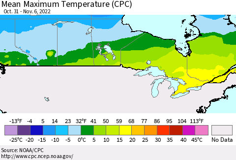 Canada Mean Maximum Temperature (CPC) Thematic Map For 10/31/2022 - 11/6/2022