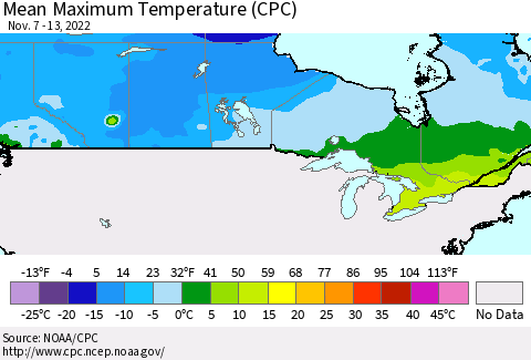 Canada Mean Maximum Temperature (CPC) Thematic Map For 11/7/2022 - 11/13/2022