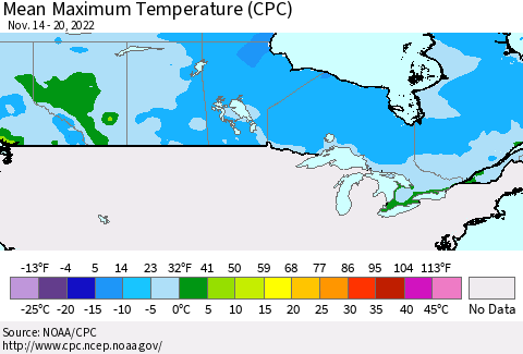 Canada Mean Maximum Temperature (CPC) Thematic Map For 11/14/2022 - 11/20/2022