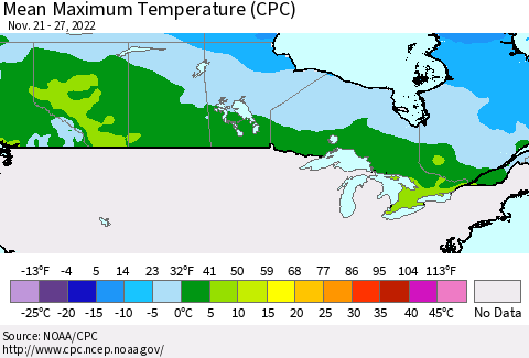 Canada Mean Maximum Temperature (CPC) Thematic Map For 11/21/2022 - 11/27/2022