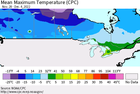 Canada Mean Maximum Temperature (CPC) Thematic Map For 11/28/2022 - 12/4/2022