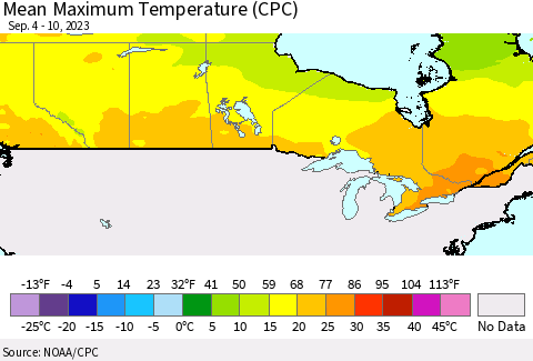 Canada Mean Maximum Temperature (CPC) Thematic Map For 9/4/2023 - 9/10/2023