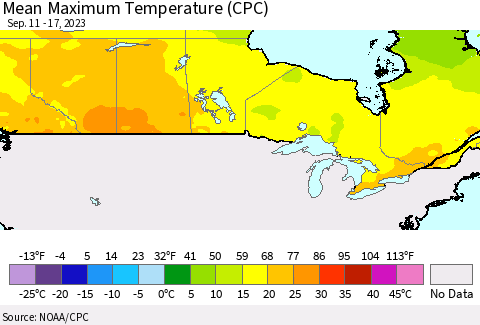 Canada Mean Maximum Temperature (CPC) Thematic Map For 9/11/2023 - 9/17/2023