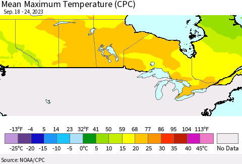 Canada Mean Maximum Temperature (CPC) Thematic Map For 9/18/2023 - 9/24/2023