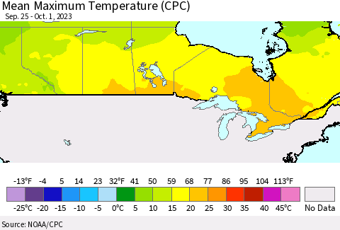 Canada Mean Maximum Temperature (CPC) Thematic Map For 9/25/2023 - 10/1/2023