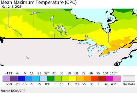 Canada Mean Maximum Temperature (CPC) Thematic Map For 10/2/2023 - 10/8/2023
