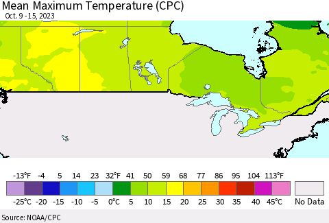 Canada Mean Maximum Temperature (CPC) Thematic Map For 10/9/2023 - 10/15/2023