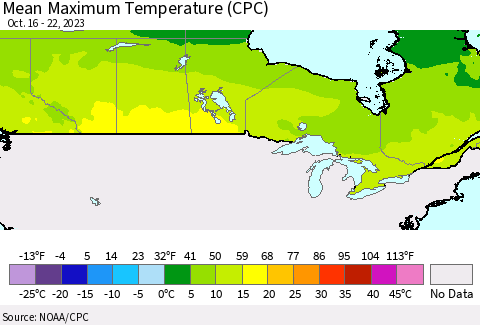 Canada Mean Maximum Temperature (CPC) Thematic Map For 10/16/2023 - 10/22/2023