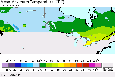 Canada Mean Maximum Temperature (CPC) Thematic Map For 10/23/2023 - 10/29/2023