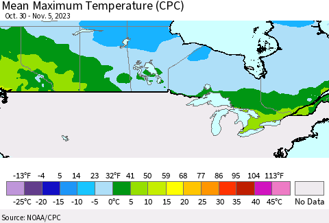 Canada Mean Maximum Temperature (CPC) Thematic Map For 10/30/2023 - 11/5/2023
