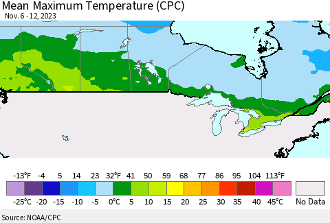 Canada Mean Maximum Temperature (CPC) Thematic Map For 11/6/2023 - 11/12/2023