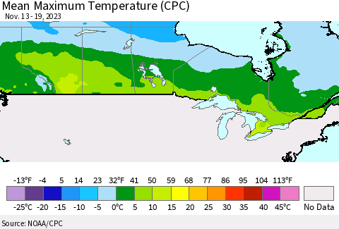 Canada Mean Maximum Temperature (CPC) Thematic Map For 11/13/2023 - 11/19/2023