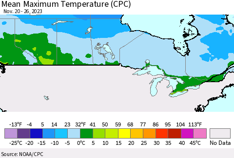 Canada Mean Maximum Temperature (CPC) Thematic Map For 11/20/2023 - 11/26/2023