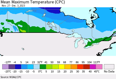 Canada Mean Maximum Temperature (CPC) Thematic Map For 11/27/2023 - 12/3/2023