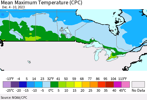 Canada Mean Maximum Temperature (CPC) Thematic Map For 12/4/2023 - 12/10/2023