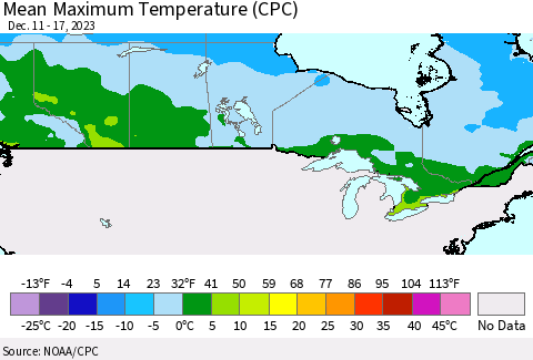 Canada Mean Maximum Temperature (CPC) Thematic Map For 12/11/2023 - 12/17/2023