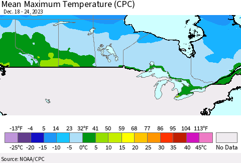 Canada Mean Maximum Temperature (CPC) Thematic Map For 12/18/2023 - 12/24/2023