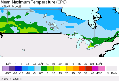 Canada Mean Maximum Temperature (CPC) Thematic Map For 12/25/2023 - 12/31/2023