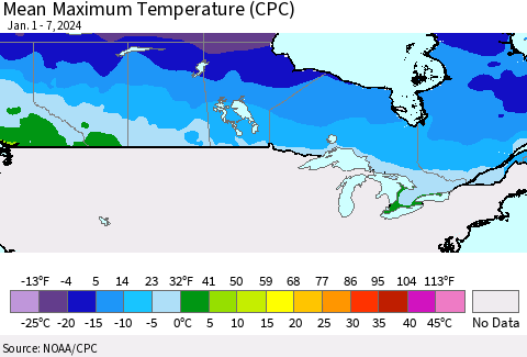 Canada Mean Maximum Temperature (CPC) Thematic Map For 1/1/2024 - 1/7/2024