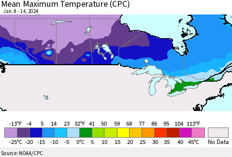 Canada Mean Maximum Temperature (CPC) Thematic Map For 1/8/2024 - 1/14/2024