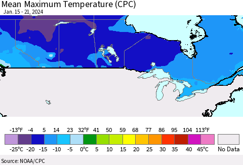 Canada Mean Maximum Temperature (CPC) Thematic Map For 1/15/2024 - 1/21/2024